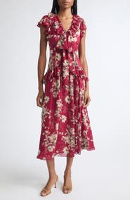 Cinq à Sept Floral Ruffle Chiffon Midi Dress