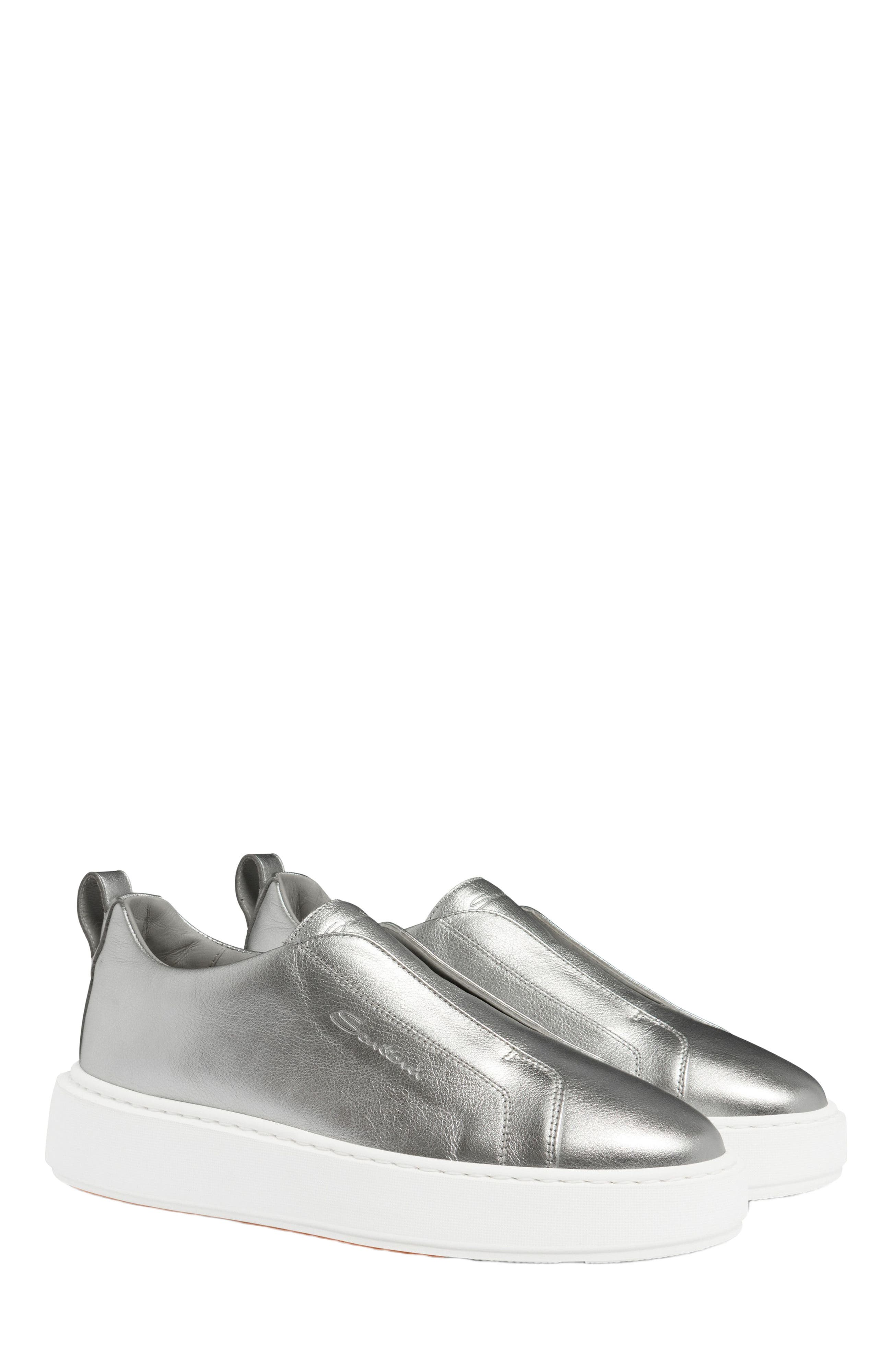 Santoni Women's silver laminated leather slip-on sneaker, Alternate, color, Silver