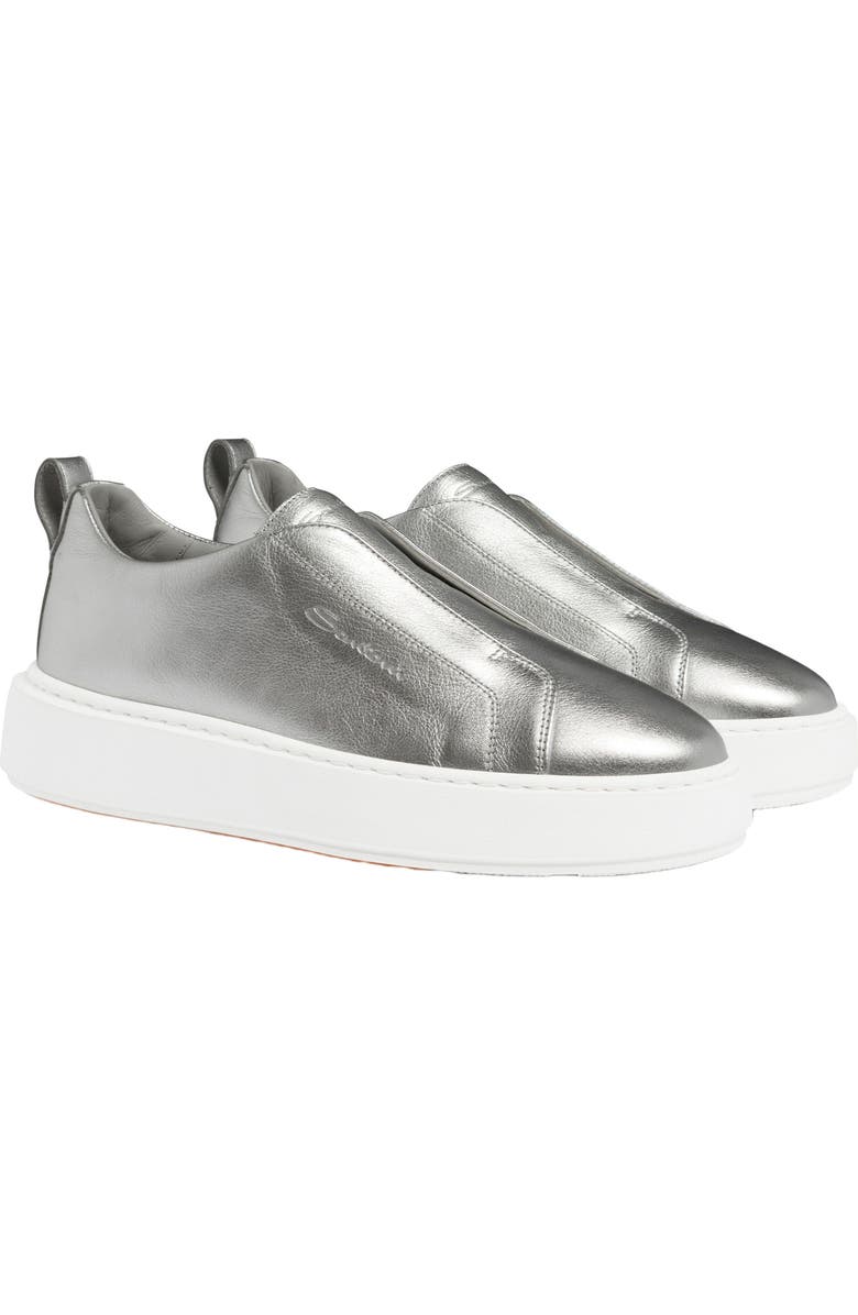 Santoni Women's silver laminated leather slip-on sneaker, Alternate, color, Silver