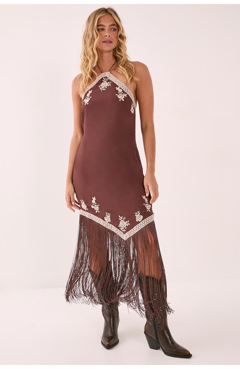 NASTY GAL Halter Neck Tassel Mini Dress, Main, color, Chocolate