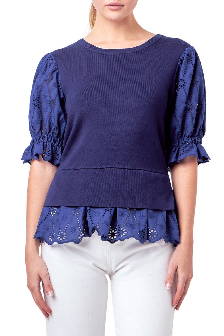 Mixed Media Eyelet Puff Sleeve Peplum Top, Main, color, NAVY