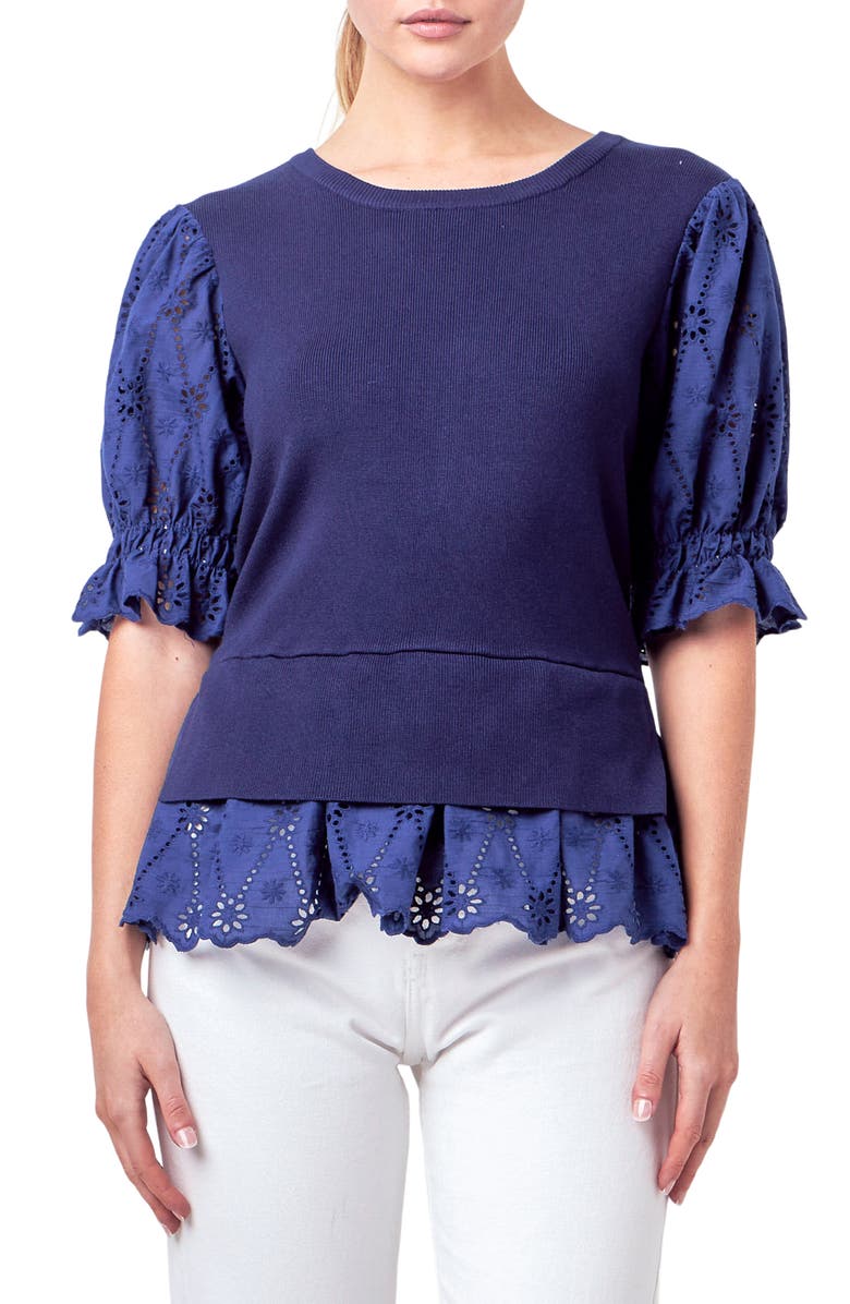 English Factory Mixed Media Eyelet Puff Sleeve Peplum Top, Main, color, Navy