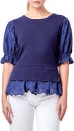 English Factory Mixed Media Eyelet Puff Sleeve Peplum Top