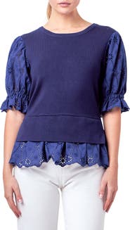 English Factory Mixed Media Eyelet Puff Sleeve Peplum Top