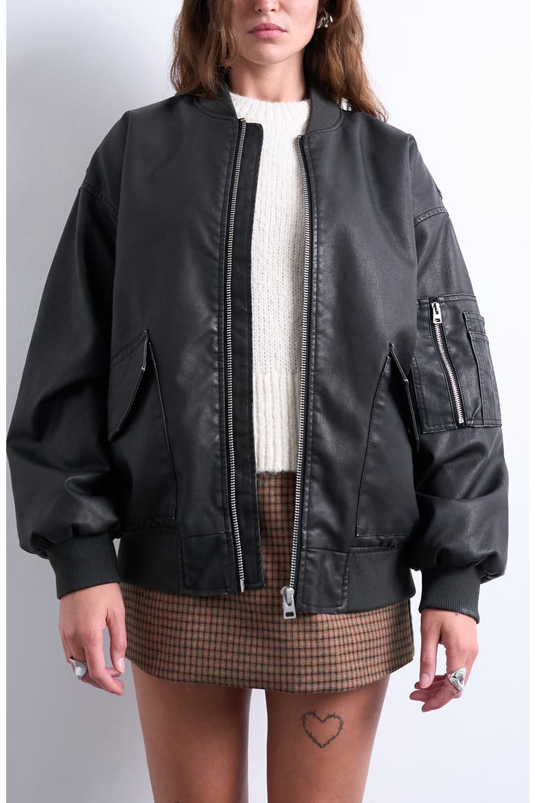 Oversize Faux Leather Bomber Jacket, Main, color, BLACK