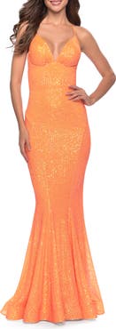 La Femme Fitted Stretch Sequin Dress with Open Back and Defined Cups