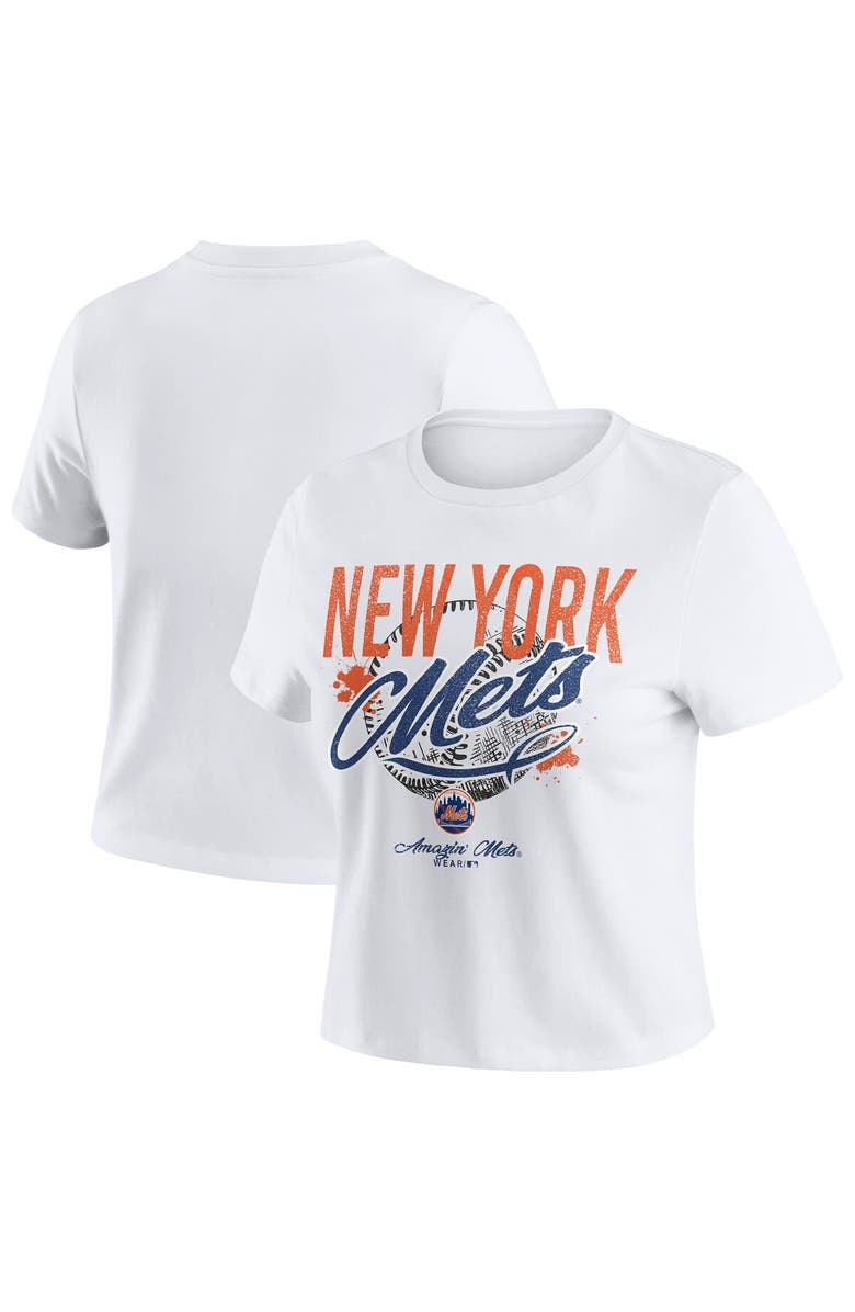 WEAR by Erin Andrews Women's WEAR by Erin Andrews  White New York Mets Distressed Cropped Baby T-Shirt, Main, color, 