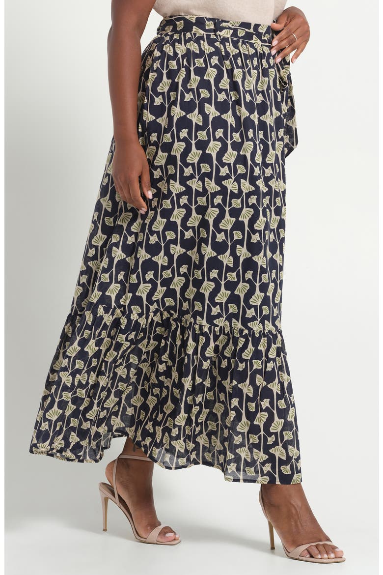 Sea Lily Belted Tiered Cotton Maxi Skirt, Alternate, color, NAVY/ FERN
