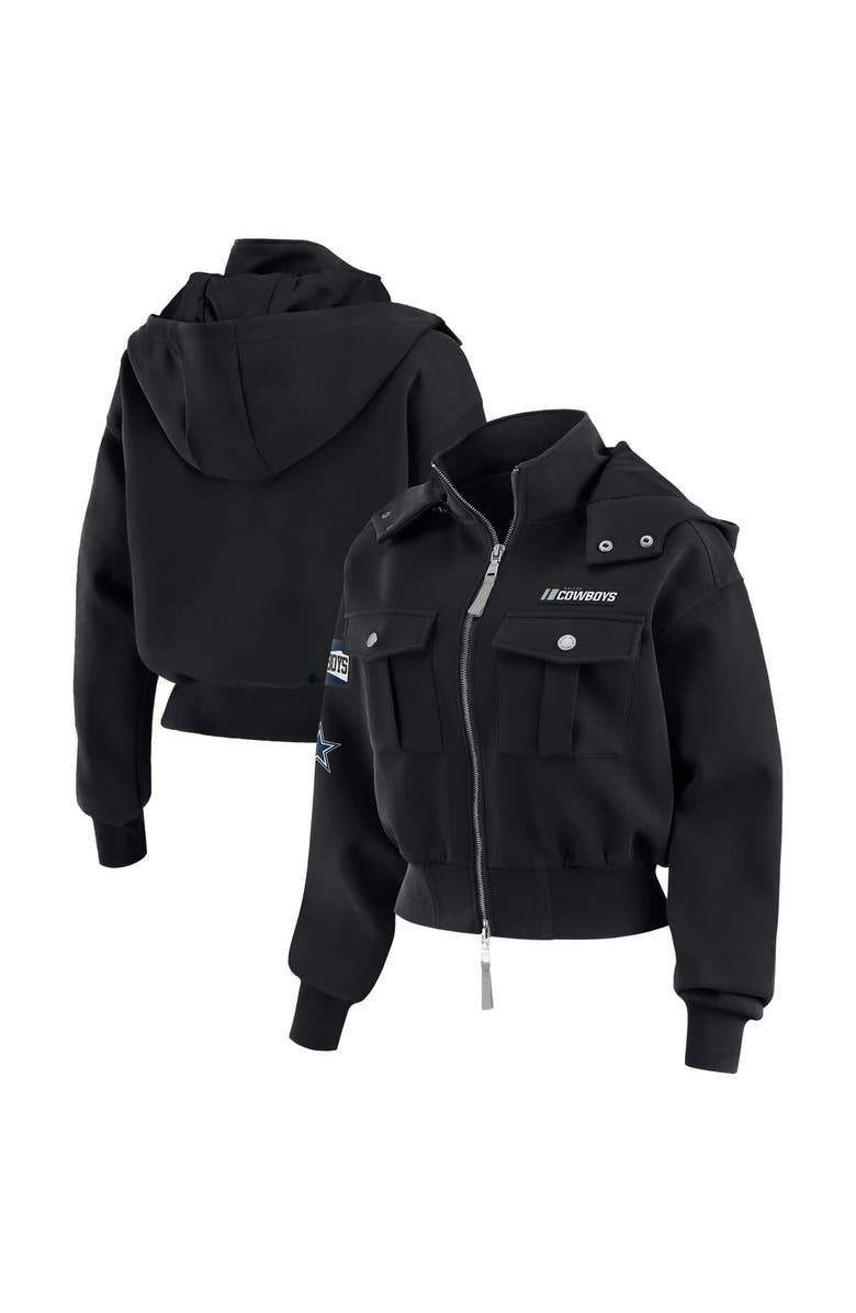 WEAR by Erin Andrews Women's WEAR by Erin Andrews Black Dallas Cowboys Patch Pocket Cropped Full-Zip Bomber Jacket, Main, color,