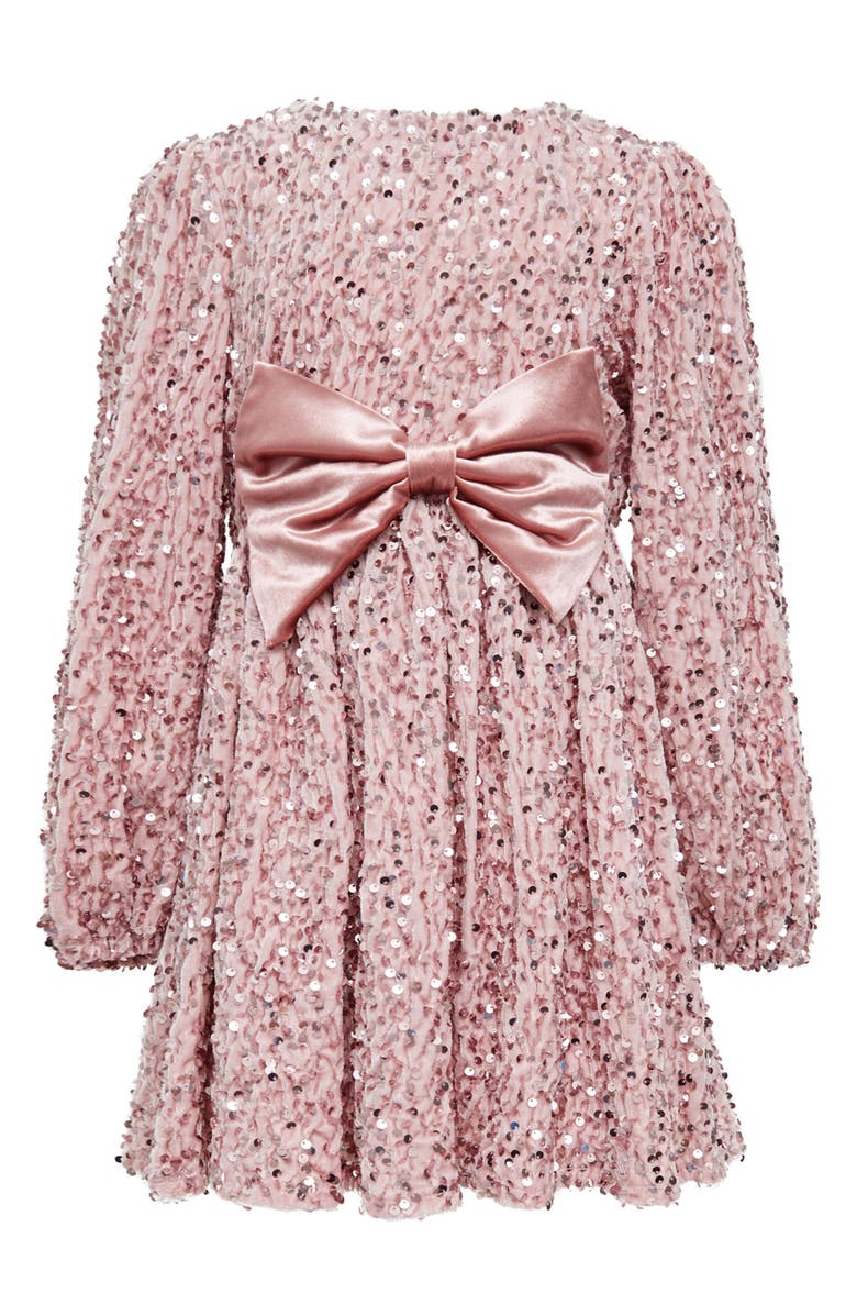 Bardot Junior Kids' Sequin Velour Bow Long Sleeve Dress, Main, color, 