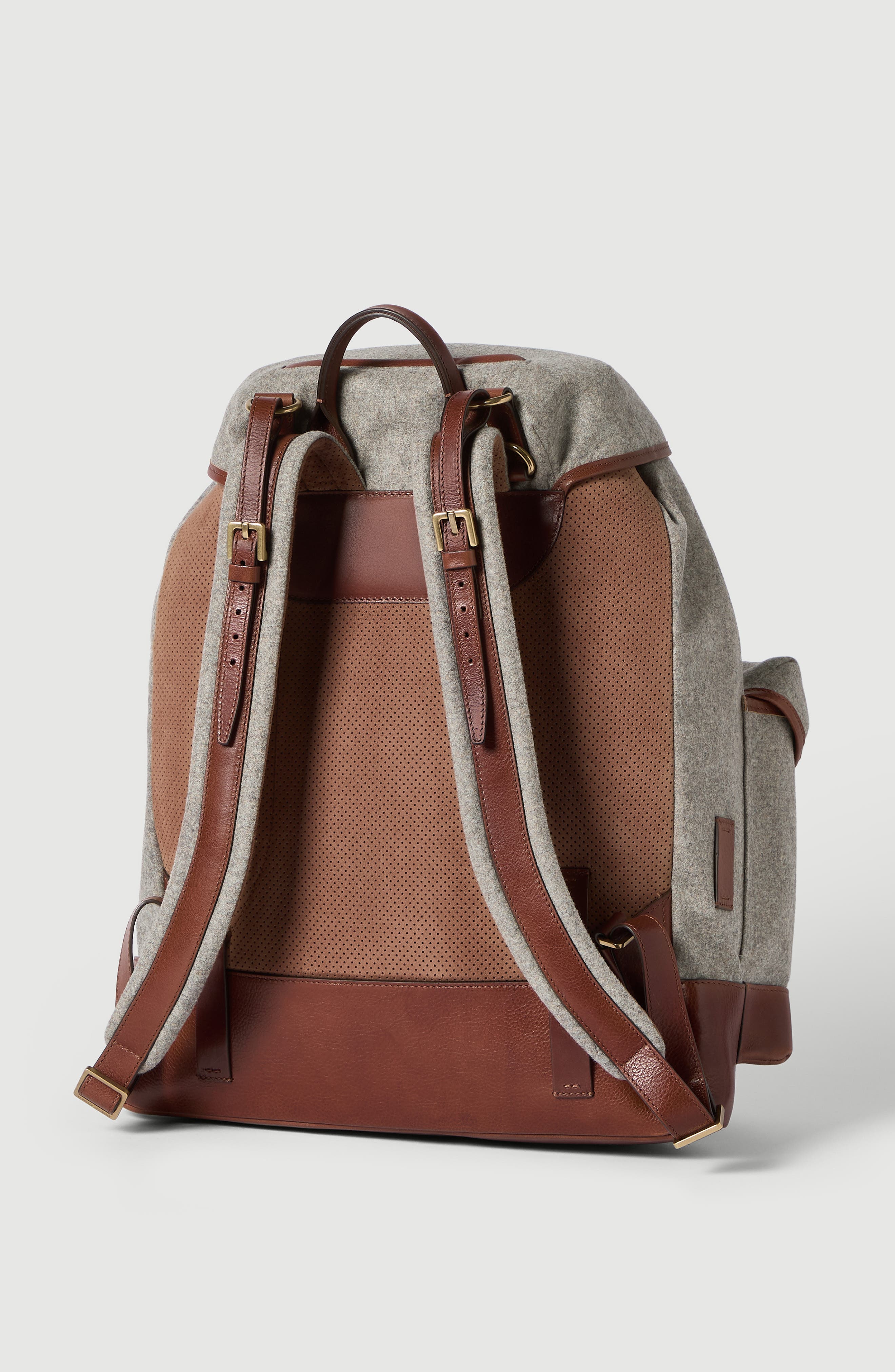 Brunello Cucinelli Virgin wool, alpaca and cashmere flannel   field backpack with grained calfskin inserts, Alternate, color, Medium Grey