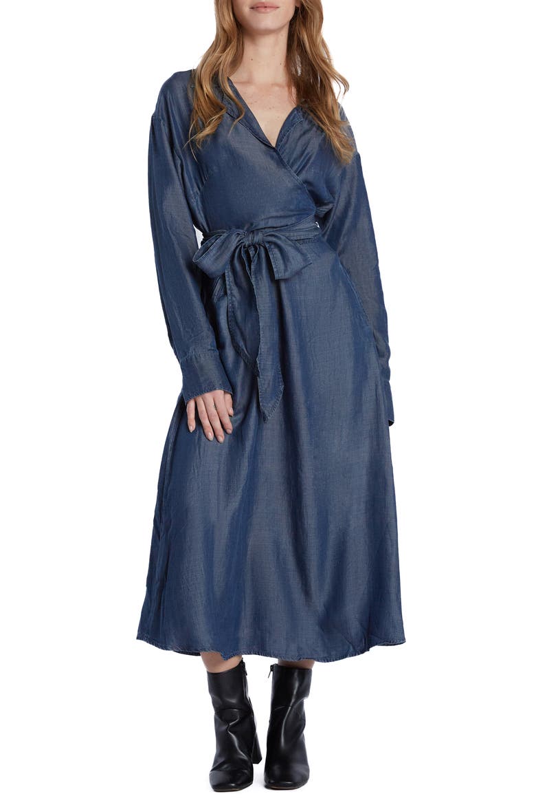 Tie Waist Long Sleeve Denim Maxi Dress, Main, color, LUCY BLUE