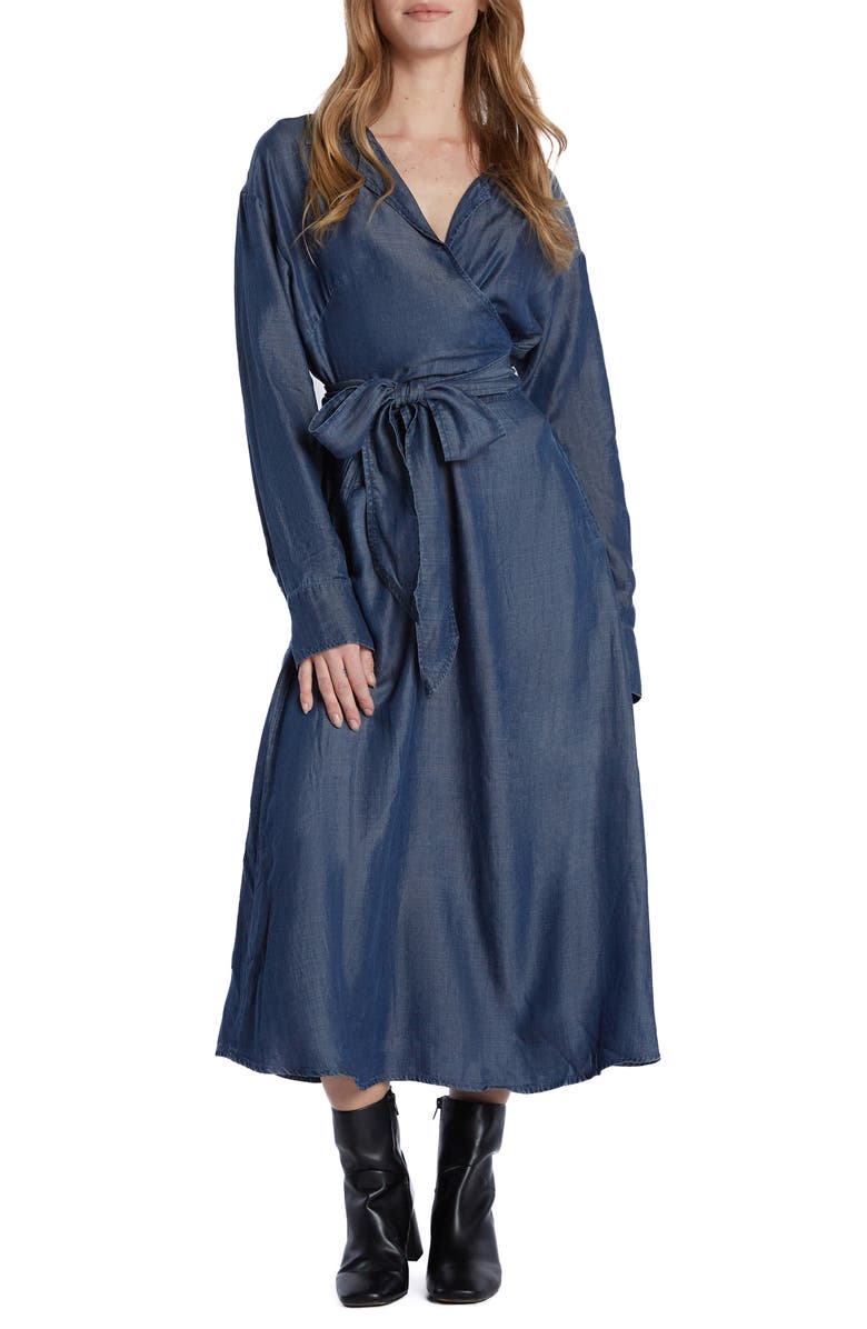 Wash Lab Denim Tie Waist Long Sleeve Denim Maxi Dress, Main, color, 