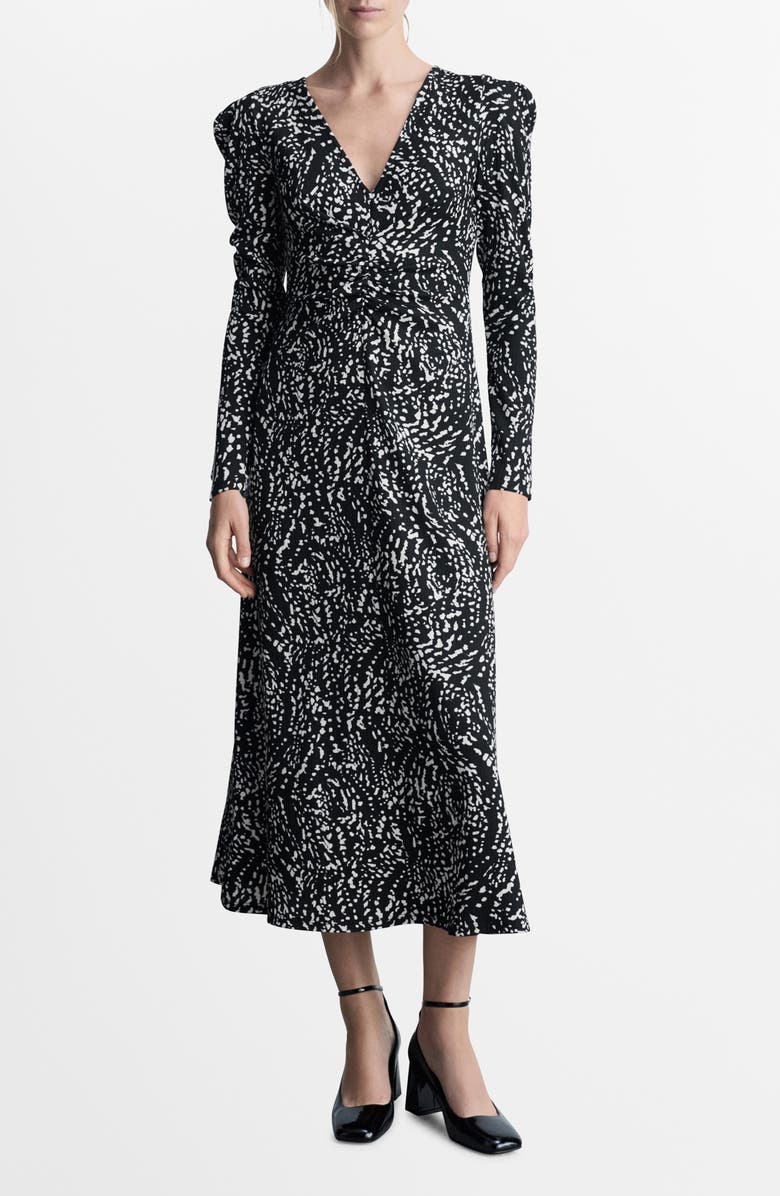 MANGO Print Puff Shoulder Long Sleeve Maxi Dress, Main, color, Black