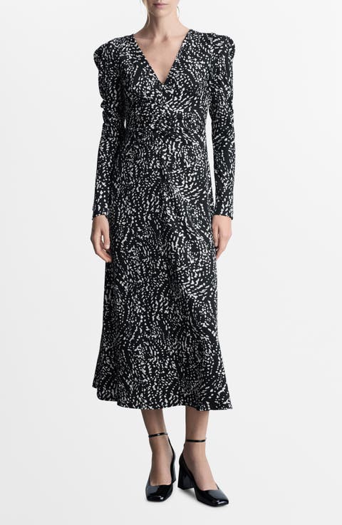 Print Puff Shoulder Long Sleeve Maxi Dress