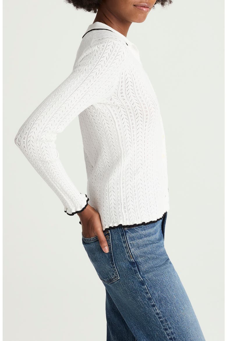 Ruffle Trim Pointelle Cardigan, Alternate, color, SOFT WHITE W/ BLACK TIPPING