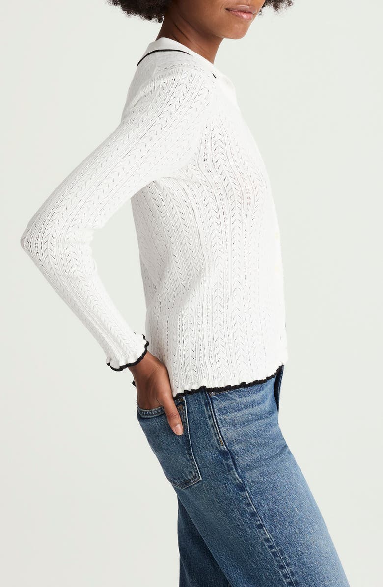 Madewell Ruffle Trim Pointelle Cardigan, Alternate, color, Soft White W/ Black Tipping