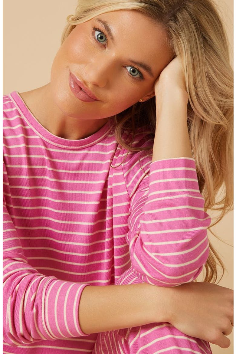 Dream Jersey Long Sleeve Crew Neck Lounge Set with Jogger Pant, Alternate, color, Fuchsia Stripe