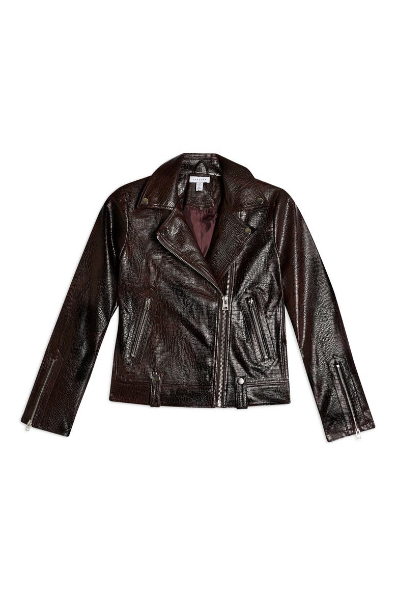 Croc Embossed Faux Leather Jacket, Alternate, color, BURGUNDY