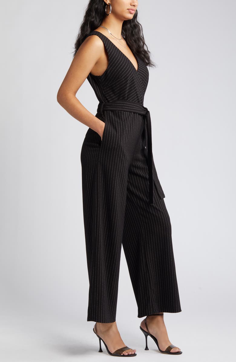 Chelsea28 Pintstripe Faux Wrap Jumpsuit, Alternate, color, Black Pinstripe