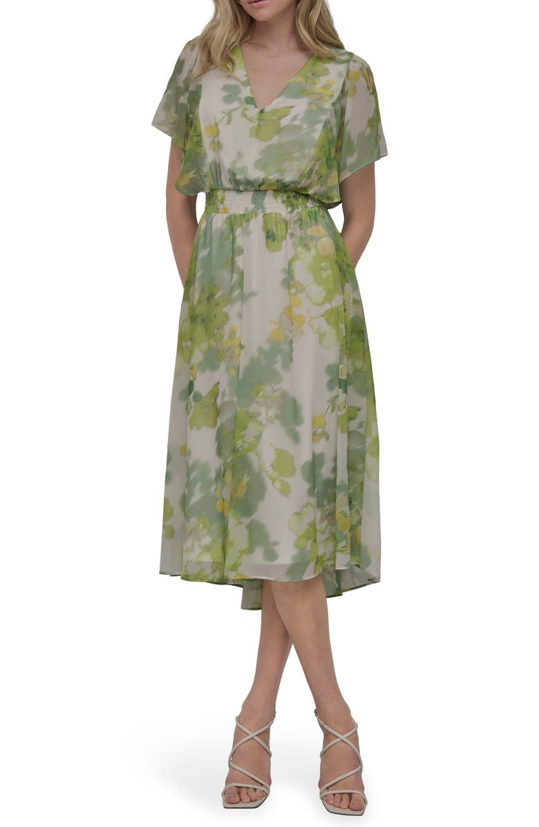 DKNY Flutter Sleeve Smocked Waist High-Low Dress, Main, color, Ivory Mult