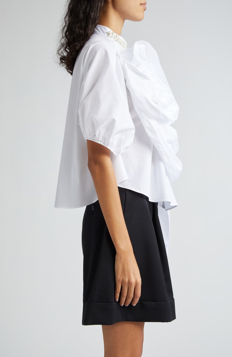 Simone Rocha Beaded Ruffle Puff Sleeve Cotton Button-Up Shirt, Alternate, color, 