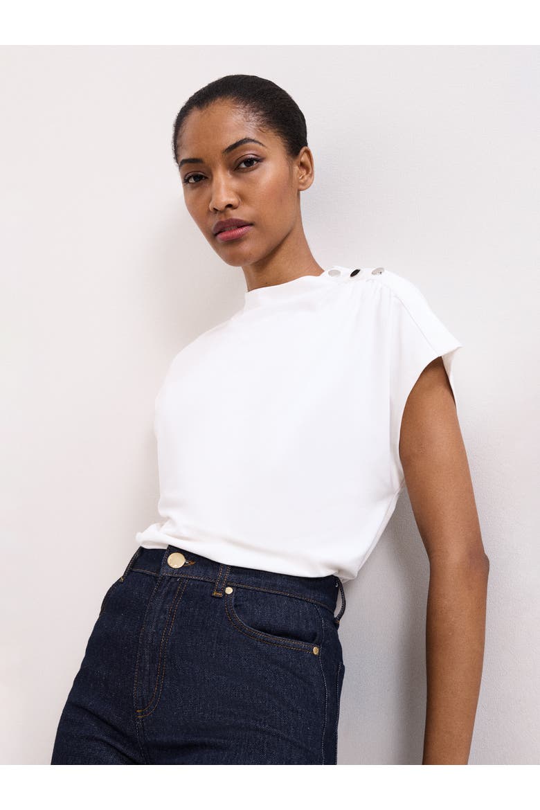Paige Ruched Shoulder Hardware Ponte Top, Main, color, Ivory