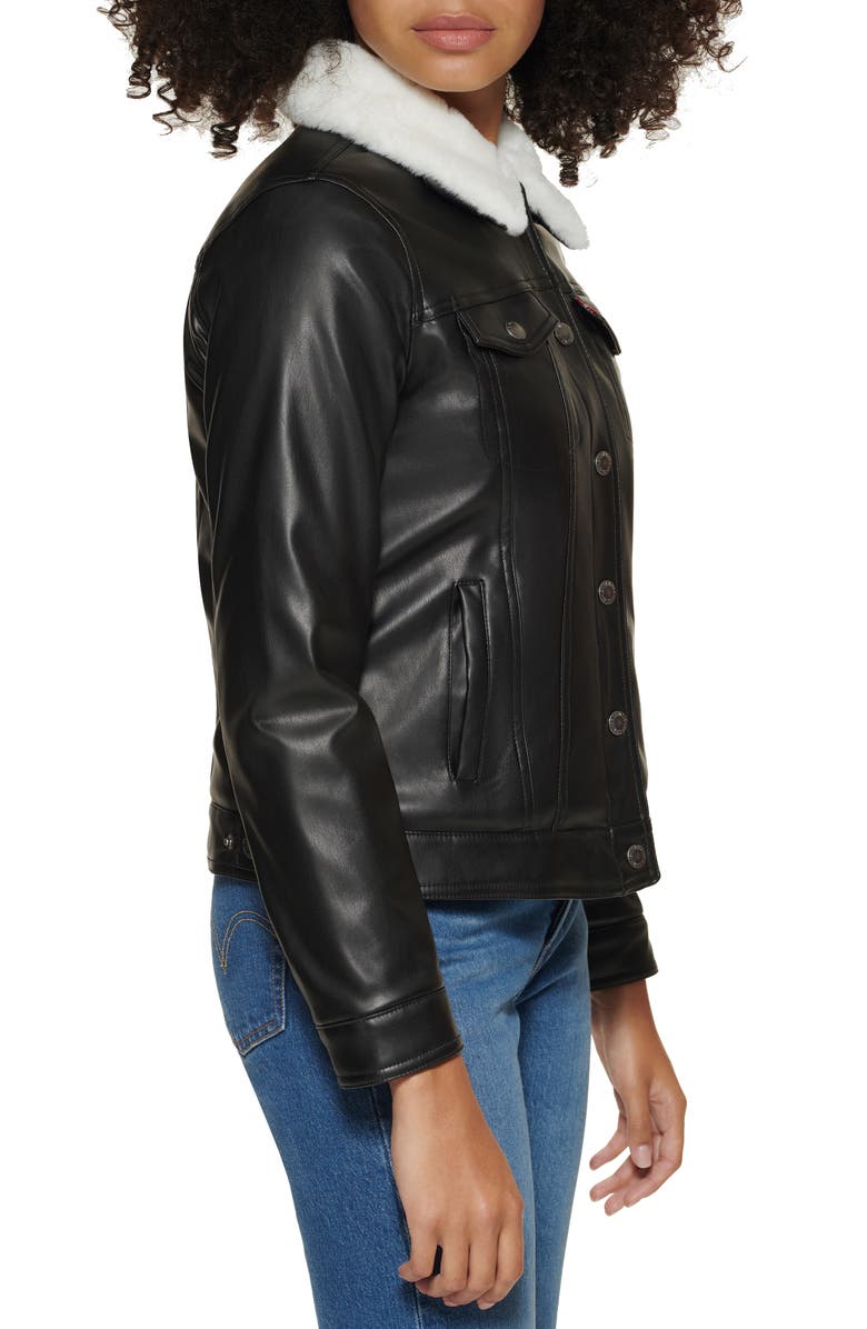 Levi's<sup>®</sup> Faux Fur Collar Faux Leather Trucker Jacket, Alternate, color, 