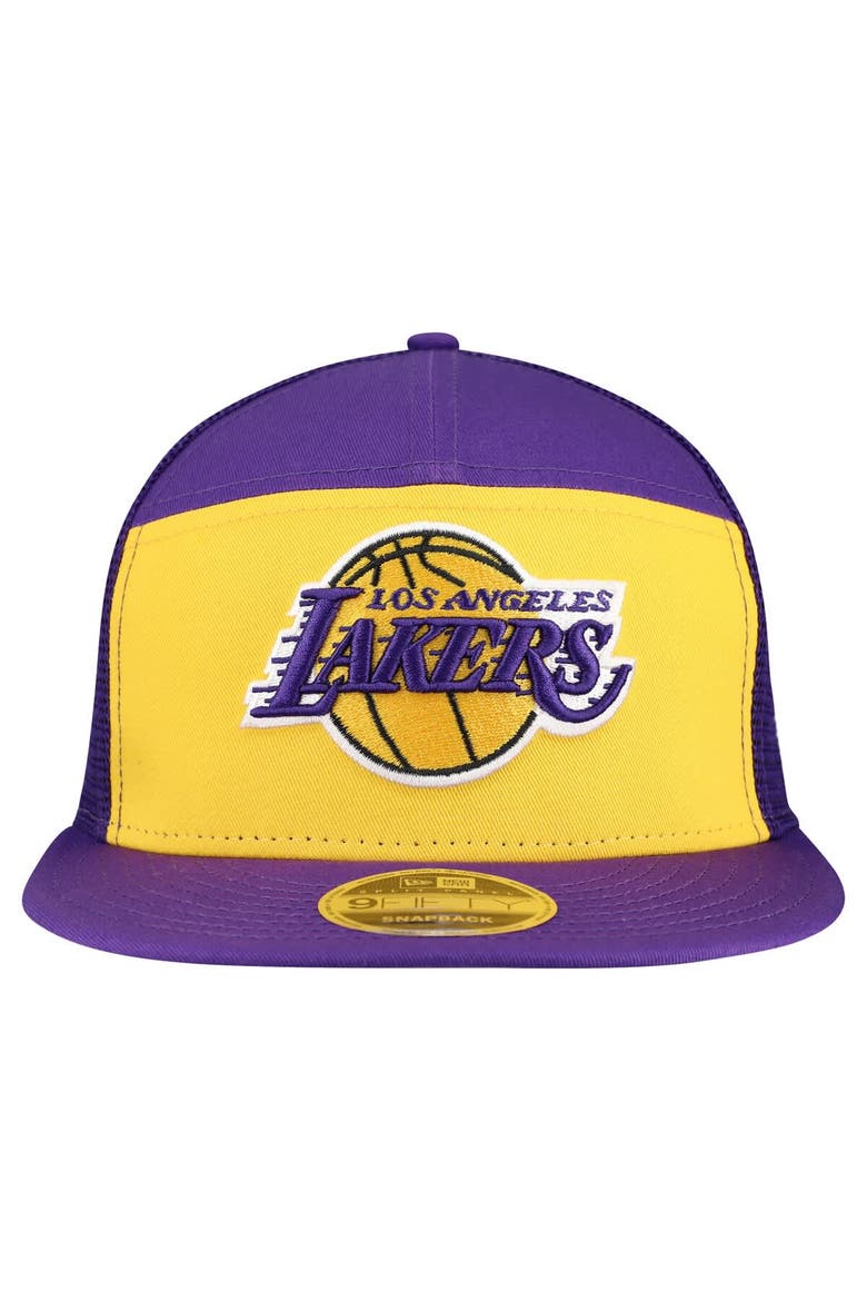 Men's New Era  Gold/Purple Los Angeles Lakers Outdoor Split Panel 9FIFTY Snapback Hat, Alternate, color, Gold