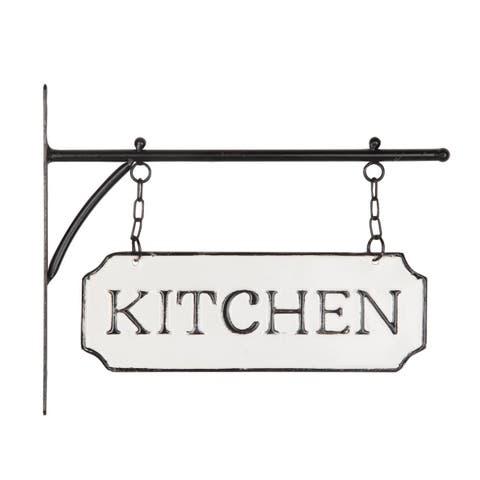 White and Black Enamel Kitchen Wall Sign on Metal Hanger