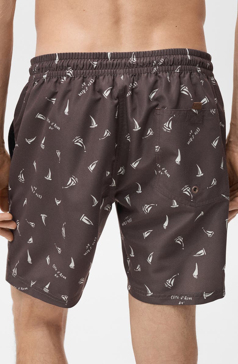 MANGO Sailboat Print Swim Trunks, Alternate, color, Brown