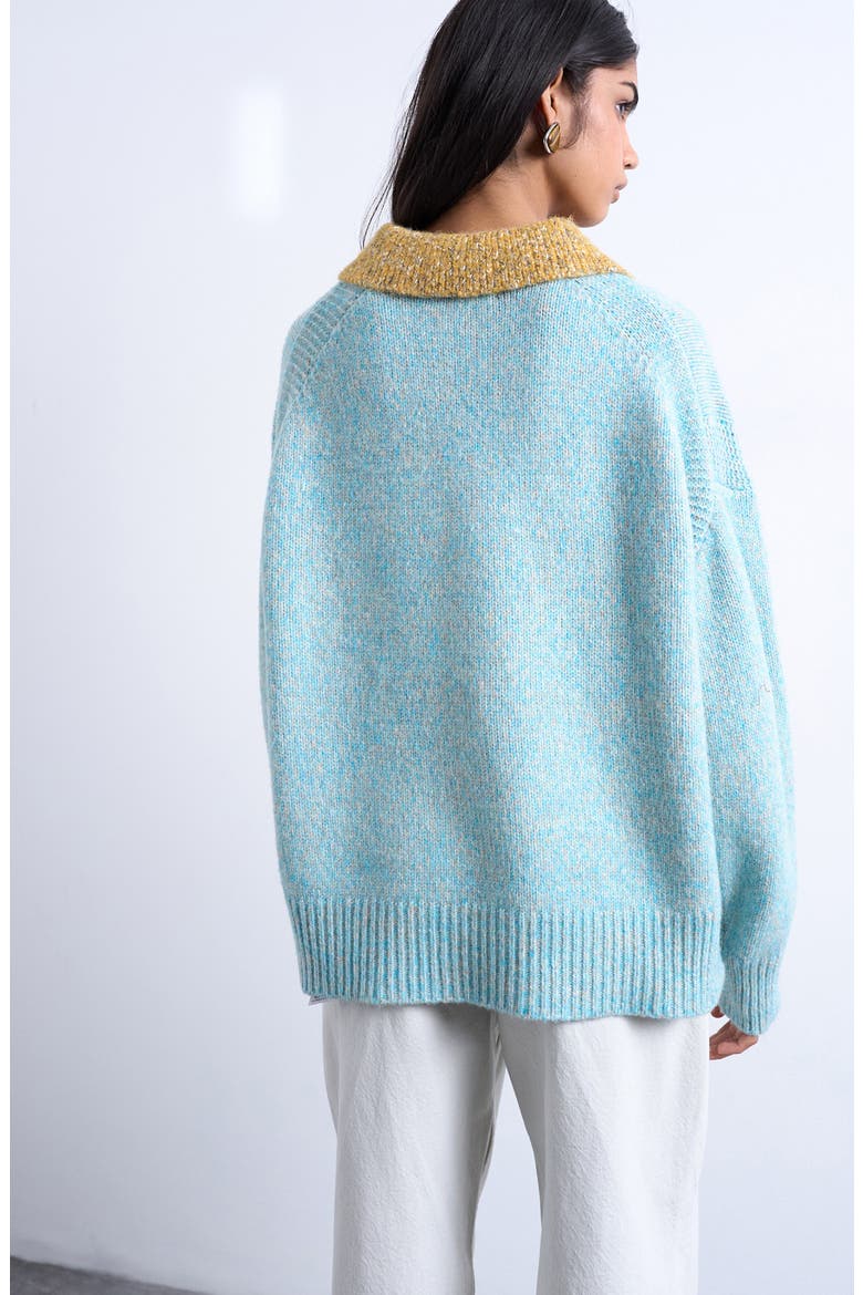 Marled Contrast Johnny Collar Sweater, Alternate, color, MEDIUM BLUE