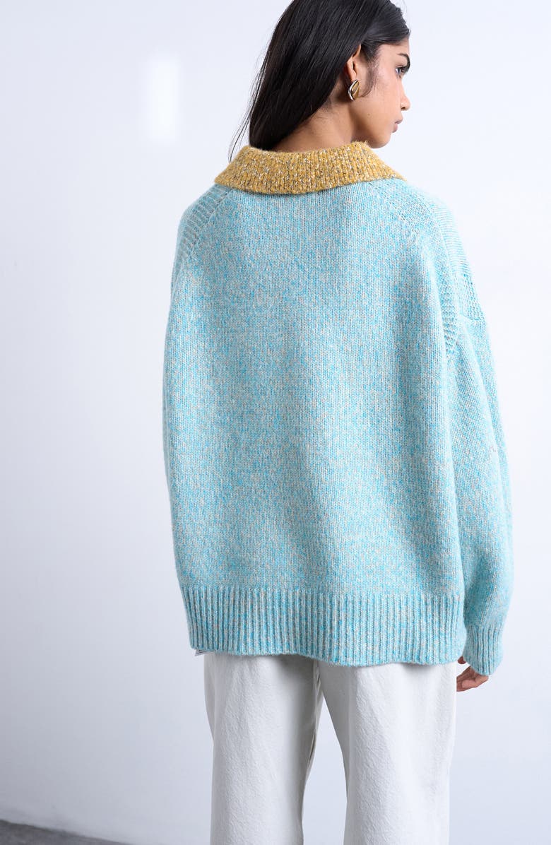 Topshop Marled Contrast Johnny Collar Sweater, Alternate, color, Medium Blue