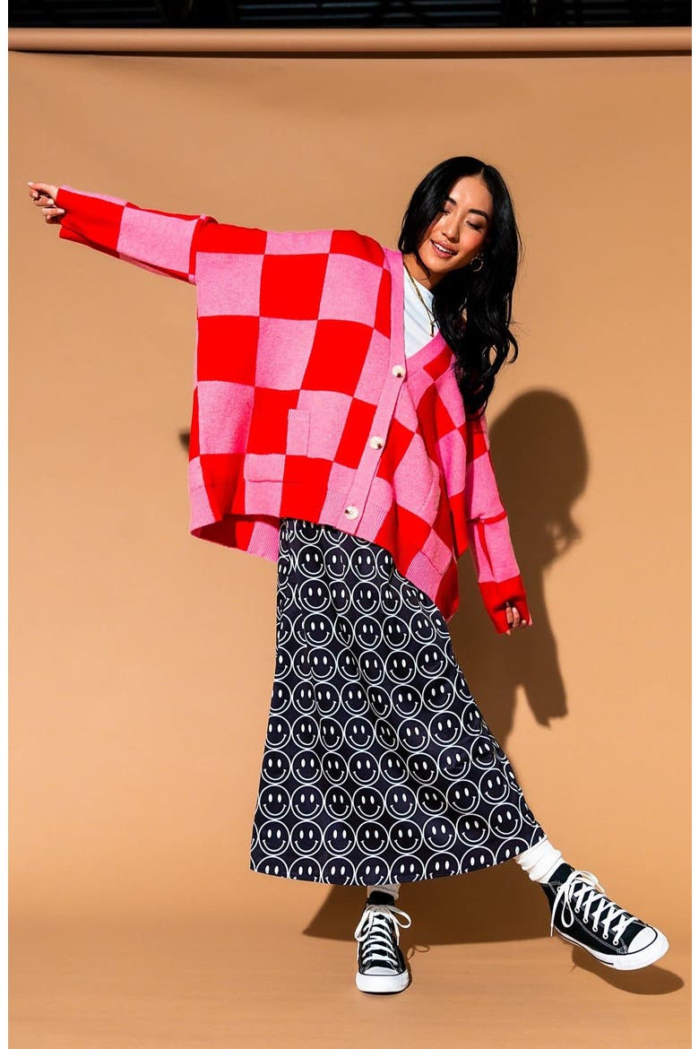 Love You Oversize Cardigan, Alternate, color, PINK RED CHECK