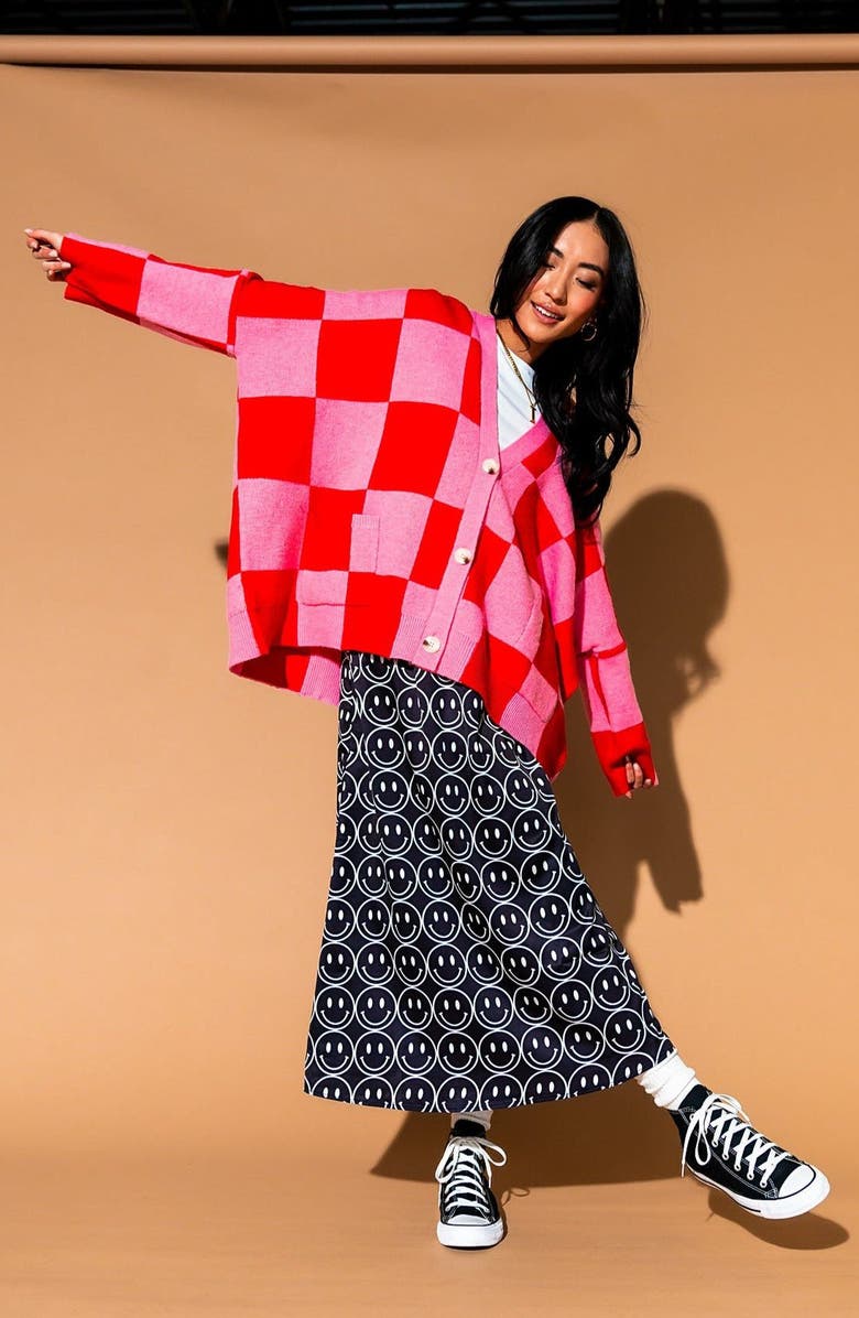 Dressed in Lala Love You Oversize Cardigan, Alternate, color, Pink Red Check