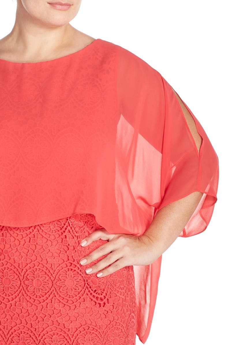 Adrianna Papell Chiffon Capelet Lace Sheath Dress, Alternate, color,