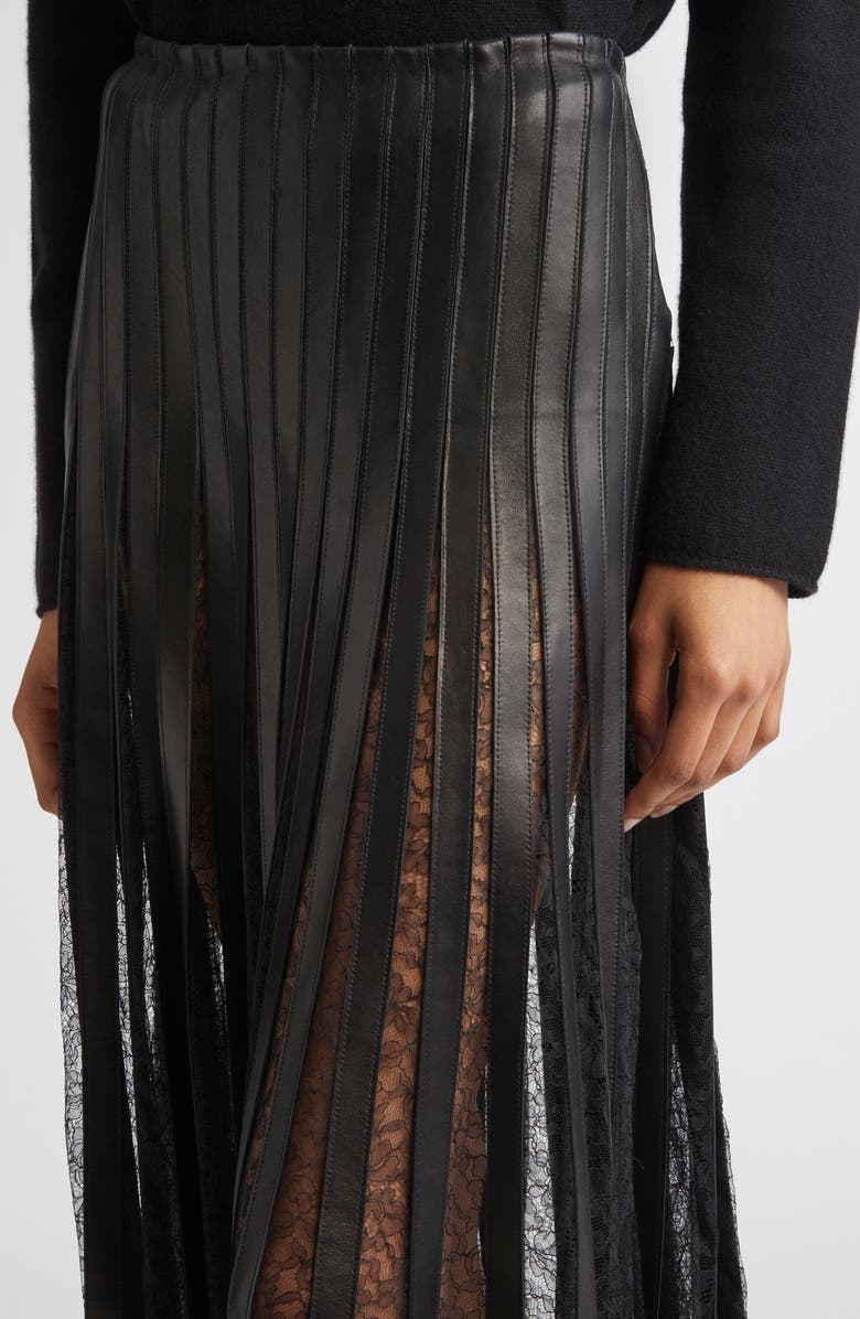 Brandon Maxwell Alix Leather Strip & Lace Skirt, Alternate, color,