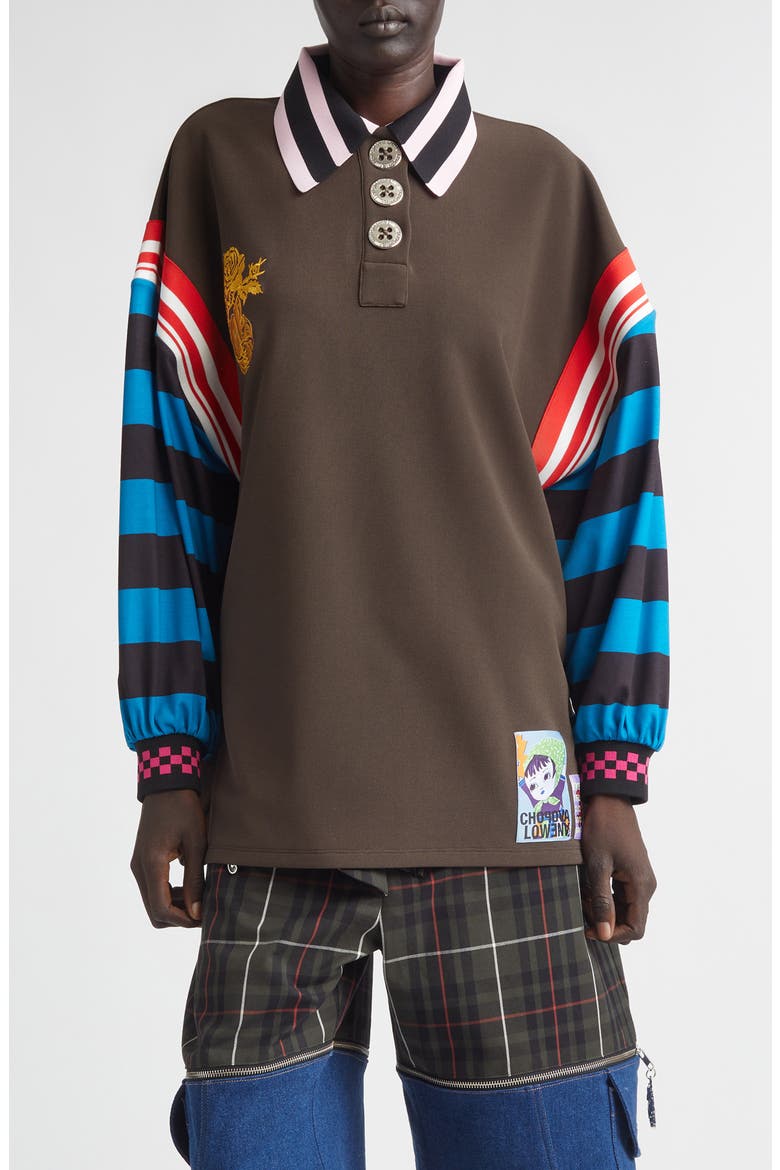 Mixed Stripe Patchwork Polo, Main, color, BROWN MULTI