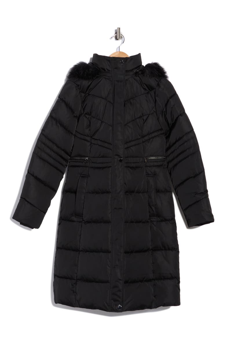 Samira Long Quilted Coat with Removable Faux Fur Trim, Main, color, BLACK