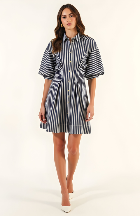 Striped Puff Sleeve Tailored Shirt Dress