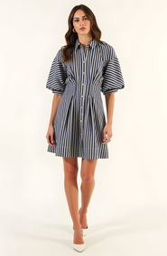 Modenaire Striped Puff Sleeve Tailored Shirt Dress