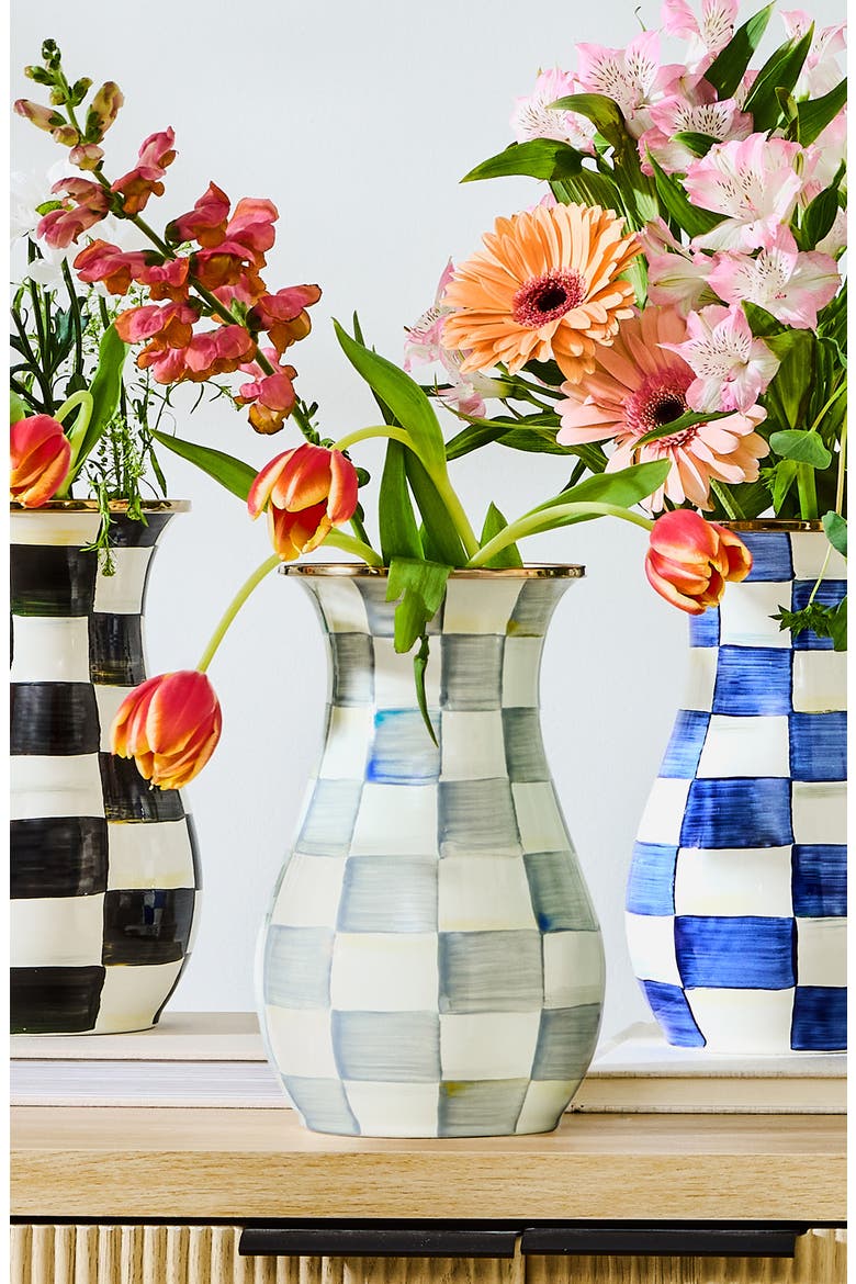Sterling Check Enameled Steel Tall Vase, Alternate, color, GREY/ WHITE