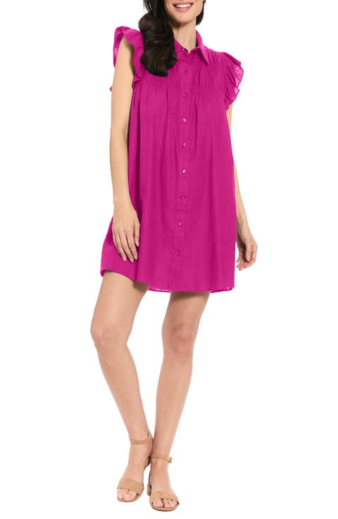 Smocked Ruffle Cap Sleeve Linen Blend Shirtdress