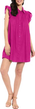 London Times Smocked Ruffle Cap Sleeve Linen Blend Shirtdress