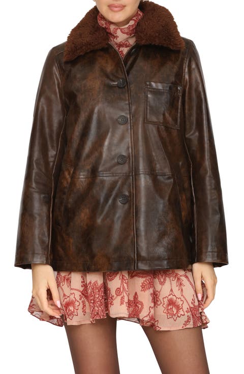 Faux Leather Barn Jacket with Faux Fur Collar