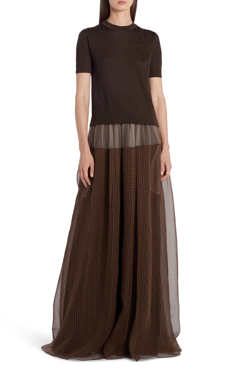 Fendi Check Silk & Tulle Maxi Skirt, Alternate, color,