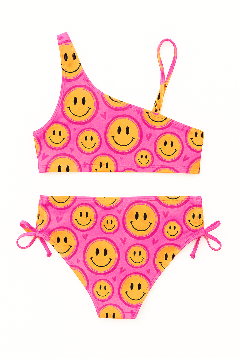Smiley Face Printed One Shoulder Bikini Swimsuit, Alternate, color, Pink Multi