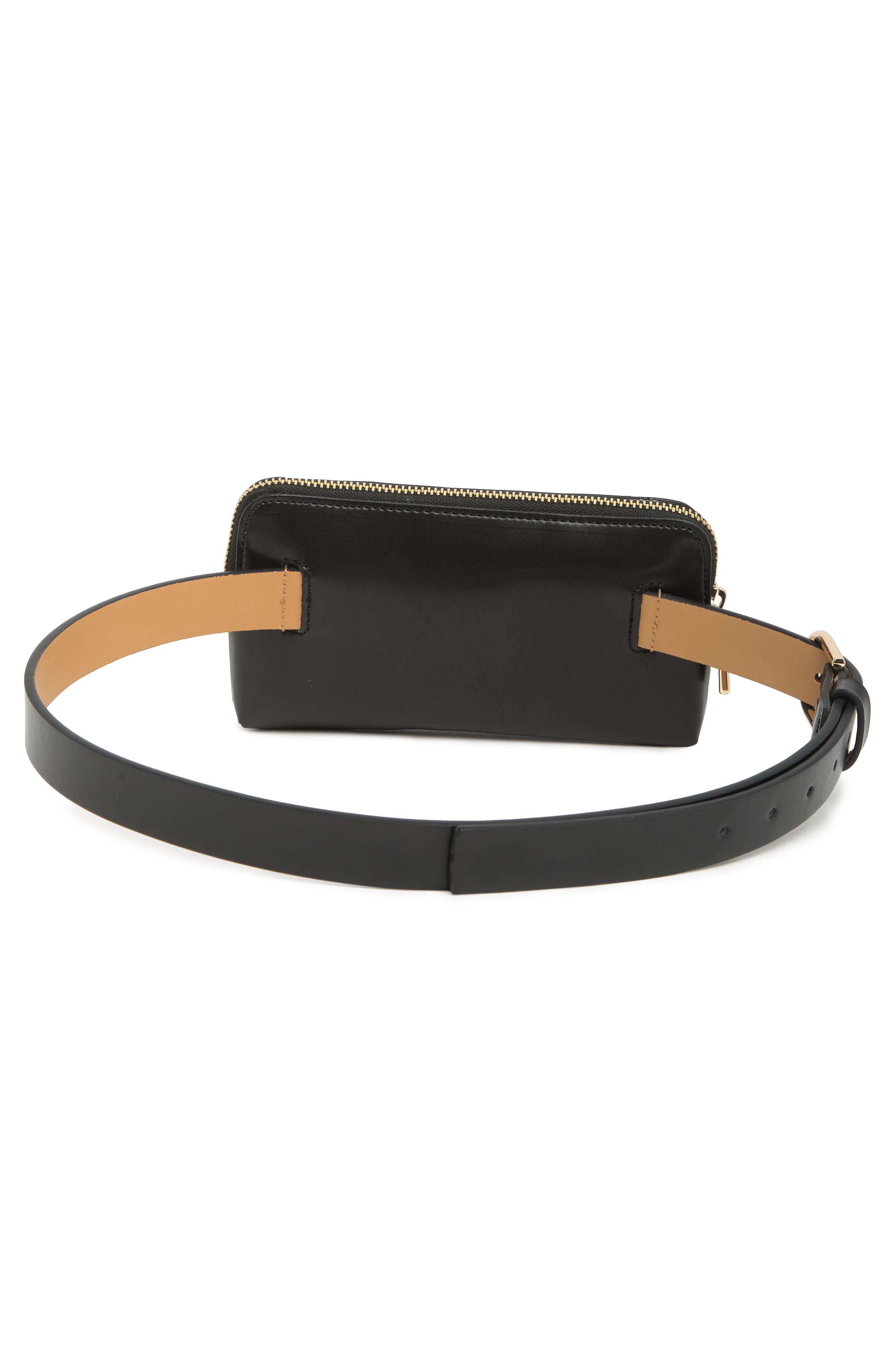 zip top leather belt bag, Alternate, color, BLACK