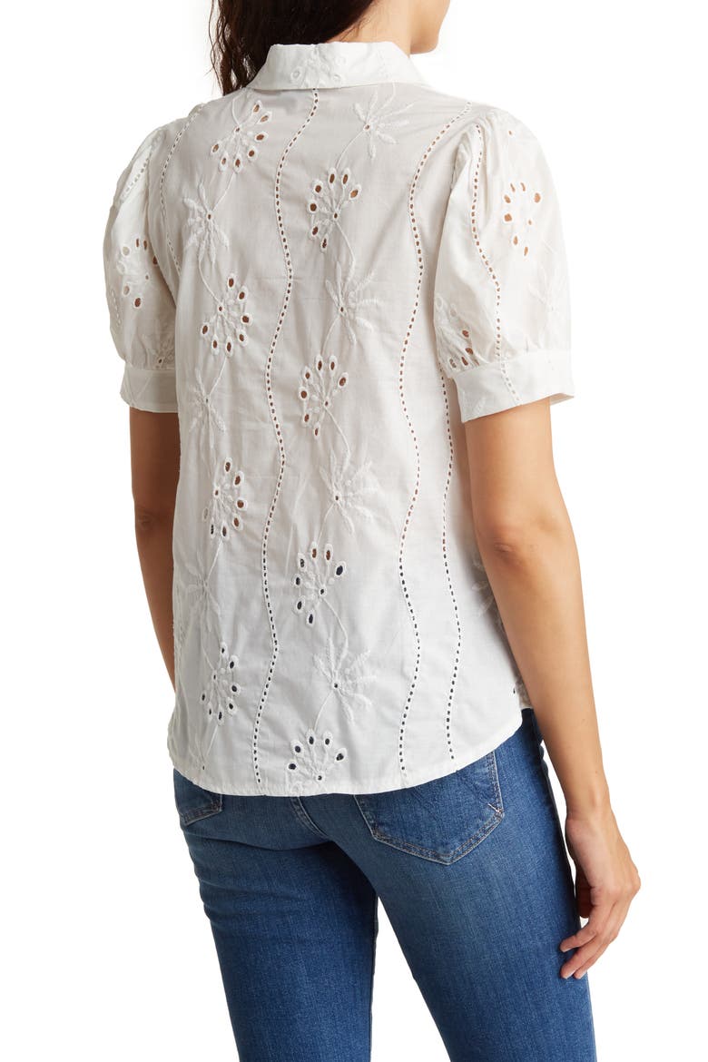 Embroidered Cotton Eyelet Short Sleeve Button-Up Shirt, Alternate, color, WHITE