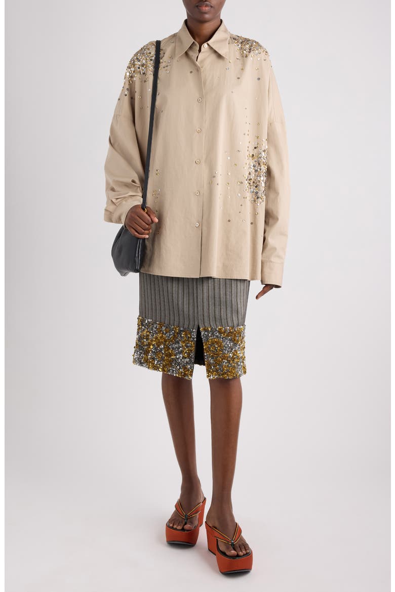 Firework Embroidered Cotton Poplin Button-Up Shirt, Alternate, color, SAND